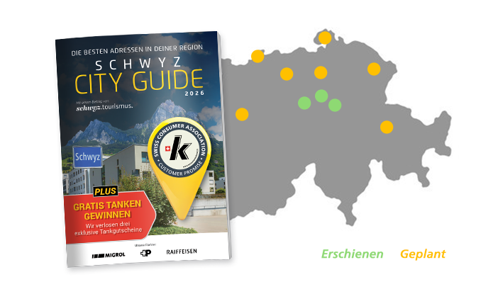 City Guide mit Schweizkarte und erschienenen sowie geplanten Regionen
